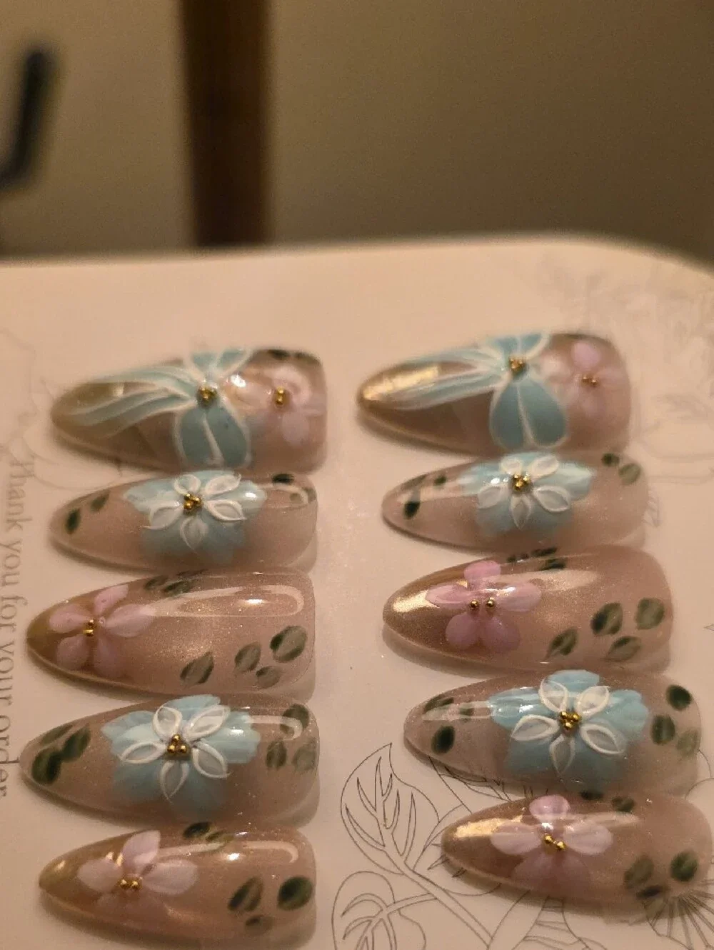 Floral Press-On Nails - Pink & Blue Size Large